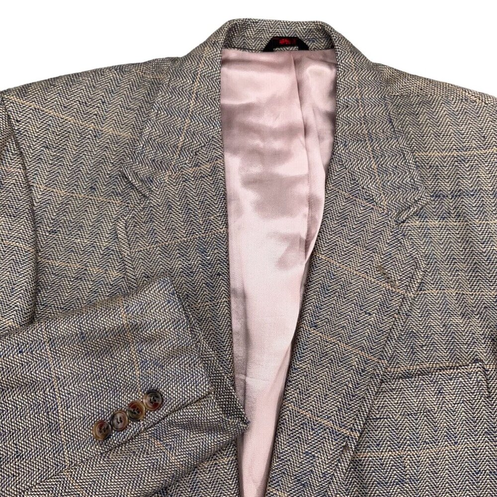 Christian St John Blazer Men 43L Blue Gold Herringbone Plaid Silk‎ Hand Woven
